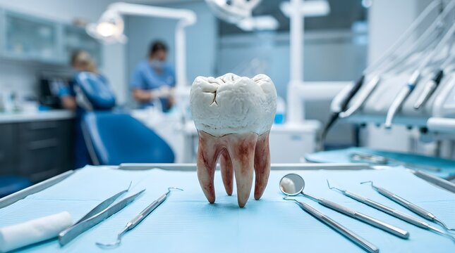 A detailed dental model is displayed with various surgical instruments resting on a clean sterile surface inside a contemporary dental practice with