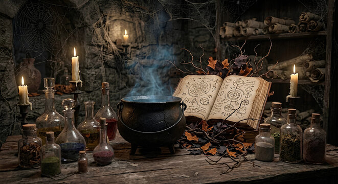 Magic potion brewing in a black cauldron with smoke and an old spellbook in a dark setting