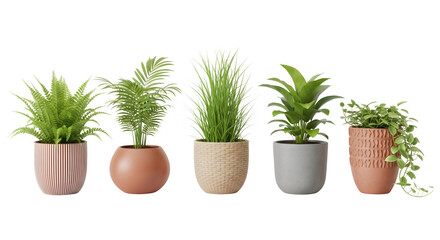 Fototapeta premium Collection of five distinct indoor potted green plants in minimalist ceramic pots isolated on a clean transparent background