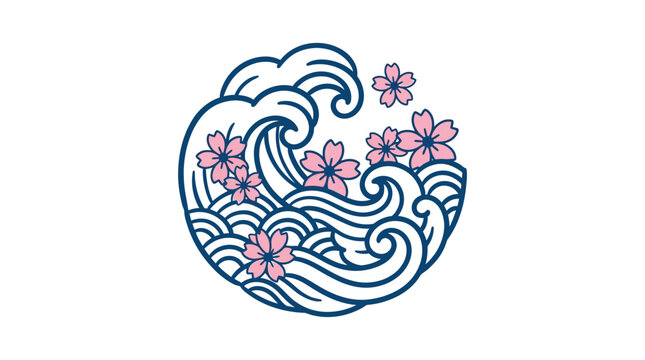 Traditional Japanese Art Design Featuring Ocean Waves and Sakura Cherry Blossoms in a Circle Composition