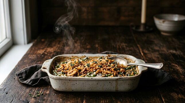 A delicious homemade green bean casserole served in a rustic baking dish on a dark wooden table for a festive happy halloween dinner