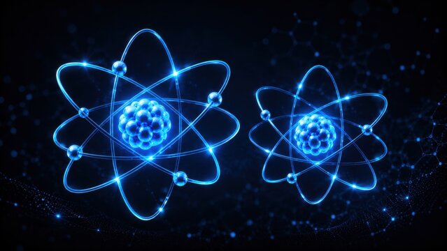 Abstract glowing blue atoms orbiting a nucleus on a dark background