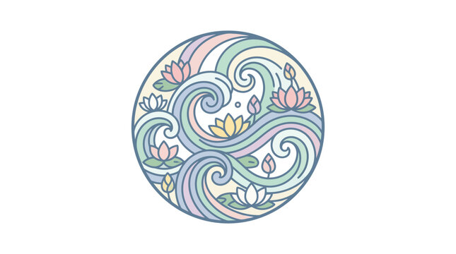 Elegant Circular Illustration of Pastel Water Waves and Lotus Flowers for Zen Meditation and Peace