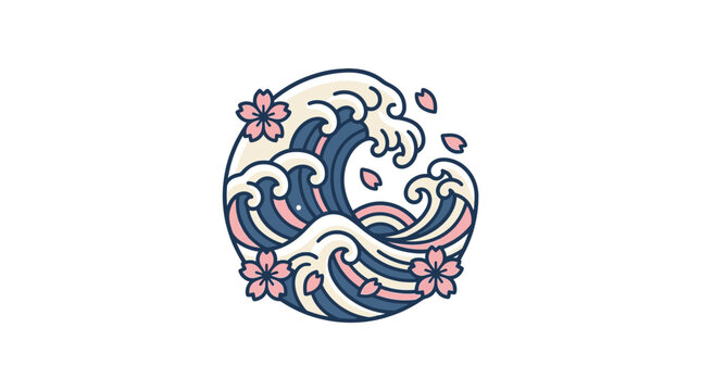 Japanese Style Ocean Waves with Pink Cherry Blossom Flowers in a Circular Frame Illustration
