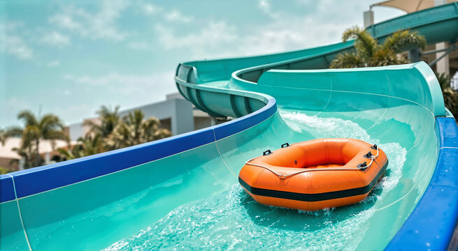 Bright orange inflatable raft sliding down turquoise water slide channel in outdoor waterpark resort. Empty tube floating on splashing water, summer vacation attraction and aquapark fun concept