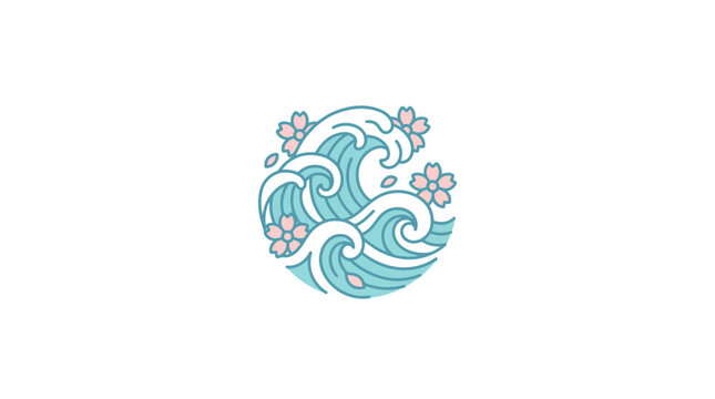 Minimalist Japanese Style Ocean Wave with Pink Cherry Blossom Sakura Flowers in a Circular Graphic Illustration
