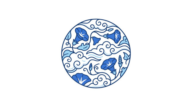 Traditional Japanese Style Circular Illustration with Blue Morning Glory Flowers and Decorative Cloud Swirls Pattern