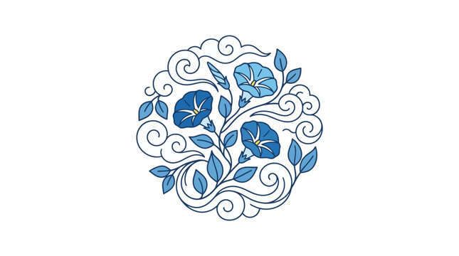 Elegant blue morning glory flowers and ornamental swirling clouds in a circular floral composition