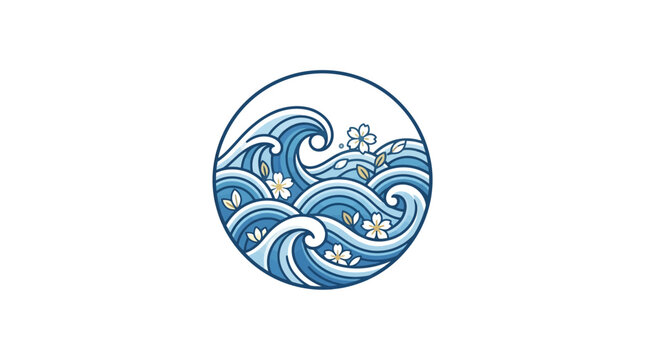 Elegant circular Japanese style ocean waves illustration with delicate white blossoms and swirling blue water for nature design