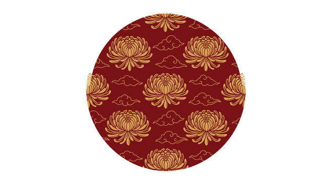 Traditional Oriental Pattern with Golden Lotus Flowers and Auspicious Clouds on Red Circular Background