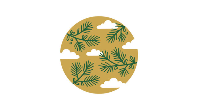 Minimalist Nature Illustration Featuring Green Pine Branches and White Clouds in a Golden Circle