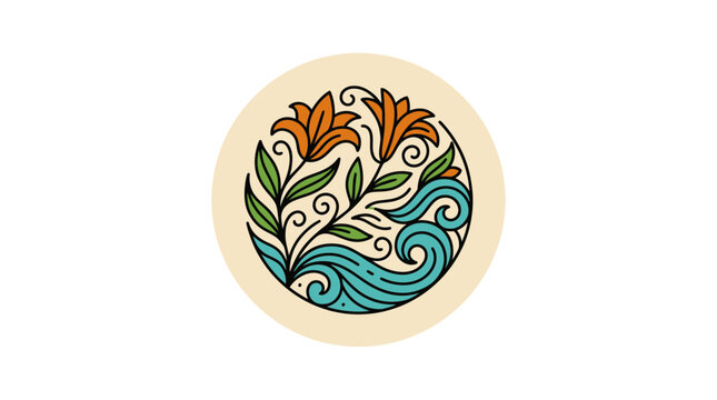 Decorative Circular Illustration Featuring Orange Flowers and Blue Ocean Waves with Green Leaves in a Nature-Inspired Design