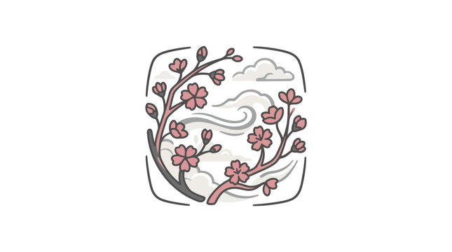 Elegant Japanese Sakura Cherry Blossom Branch Illustration with Soft Clouds and Wind in a Rounded Square Frame