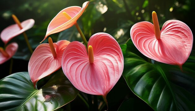 pink anthurium flowers with glossy leaves in tropical garden