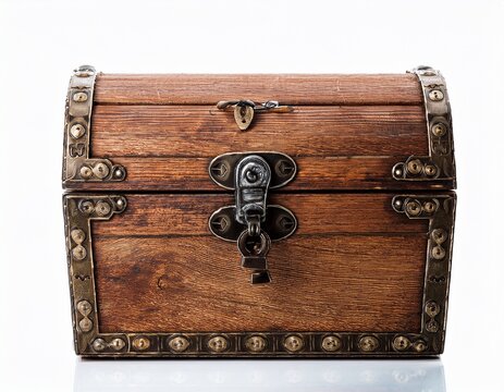 old wooden treasure chest with metal lock and hinges isolated on white background