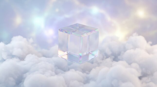 Transparent crystal cube floating serenely amidst soft clouds and ethereal light