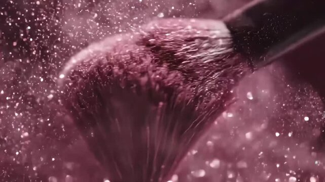 Makeup brush applying pink powder with sparks flying everywhere