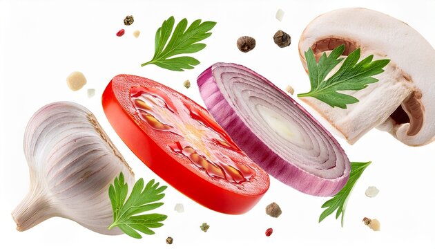 levitating slices of tomato garlic onion mushroom and herbs isolated on a white background backgro