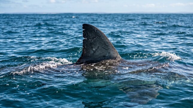 A shark fin cuts through the ocean surface, showcasing a glimpse of a powerful predator in its natural habitat
