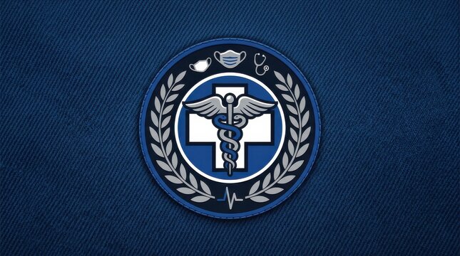 Medical emblem with caduceus, stethoscope, and face masks on denim background
