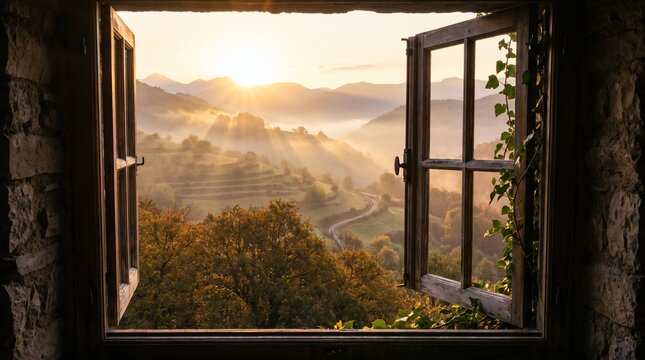 Sunrise view from an open window, casting ethereal light rays over a misty, rolling landscape. The window frame is rustic, suggesting an old building, with green vines clinging to the side