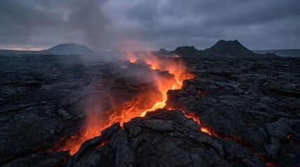 Fototapeta premium Molten lava flows through volcanic rock fissures under a cloudy sky