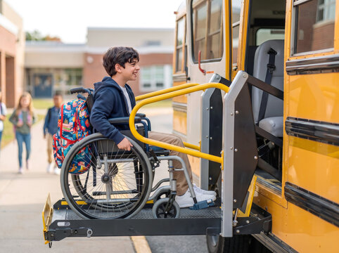 A young student in a wheelchair uses the lift to board a yellow school bus