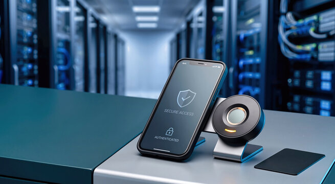 Smartphone displaying secure access authenticated icon next to biometric fingerprint scanner device in server room. Modern network security authentication system and data center protection