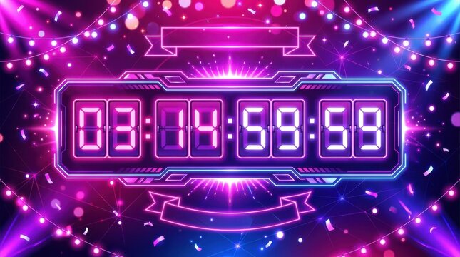 Neon countdown timer with festive lights and confetti for New Year's Eve