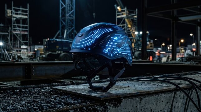 Futuristic smart helmet with glowing digital circuits on a construction site at night