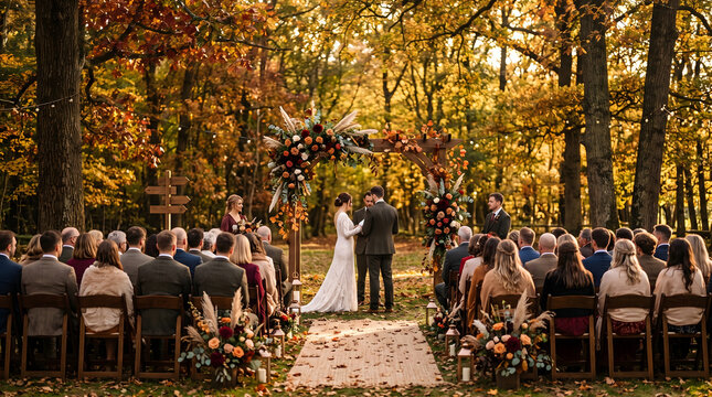 Romantic autumn outdoor wedding ceremony with a beautiful bride and groom exchanging vows under an elegant floral arch surrounded by guests and vibrant fall foliage in a picturesque forest setting