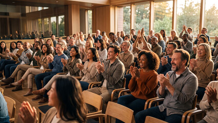 Obraz premium Large crowd of people clapping in an audience perfect for corporate seminars and event celebration concepts