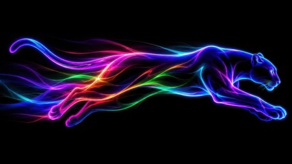 Obraz premium Neon panther running with colorful light trails on black background