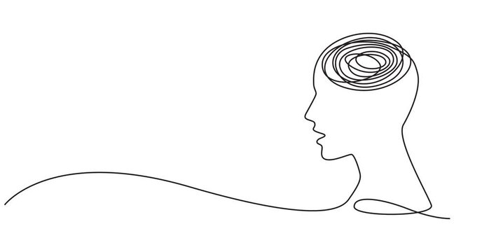 Head with confused thoughts one line art animation, hand drawn continuous contour drawing motion. Mental health concept, muddled feelings, worry and anxiety online, template outline.4k self-drawing,4k
