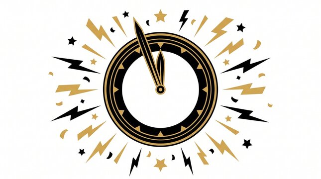 Vintage New Year clock with gold lightning bolts, retro countdown timer for midnight celebration, elegant black and gold clock face