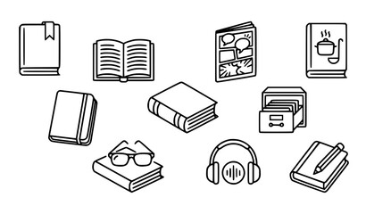 Book Collection Line Icon Set with Notebook Comic Cookbook Headphones Audiobook Glasses and File Cabinet Symbols