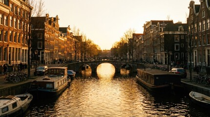 Naklejka premium Amsterdam canal with boats in foreground, arched bridge and brick houses in warm sunset glow in background, romantic travel atmosphere