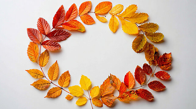 Colorful autumn leaves arranged in a circular pattern on a white background, showcasing vibrant hues of red, orange, yellow, and brown in a decorative display
