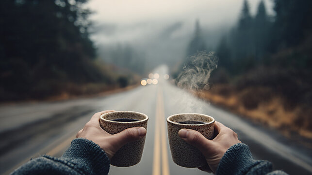 Hands holding two steaming cups of coffee on a foggy road with blurred headlights in the distance and trees lining the sides of the asphalt