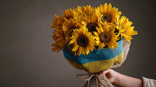 Bouquet of sunflowers wrapped in burlap with blue and yellow fabric, held by a hand against a neutral background, symbolizing Ukrainian culture and heritage
