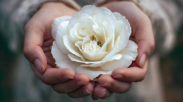 Hands of a person holding a large white rose with delicate petals, showcasing intricate details against a softly blurred natural background