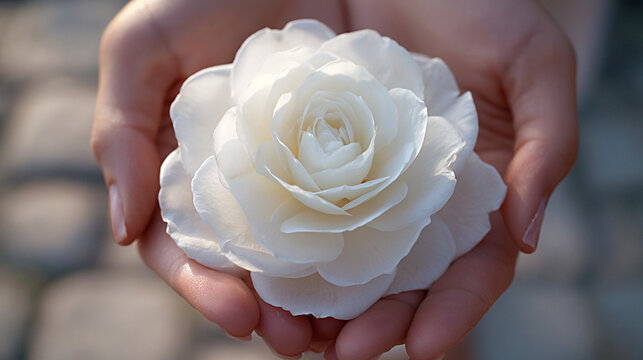 Hands holding a large white rose with soft petals, showcasing intricate details against a blurred stone background in natural lighting