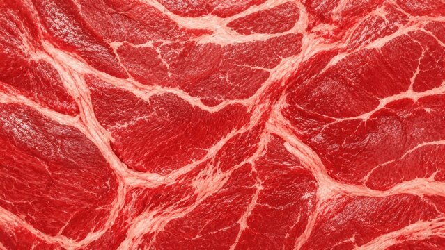Close-up of raw red meat texture with visible marbling and fat streaks