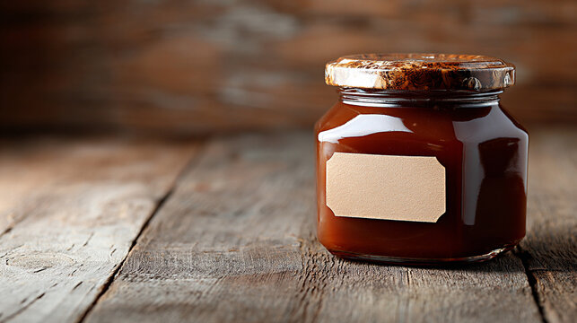 Glass jar filled with brown sauce or jam placed on rustic wooden table with a blank label for customization and natural background texture
