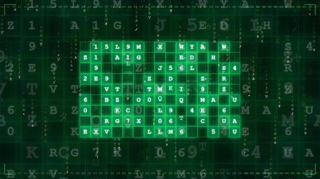 Abstract digital green matrix background with scrolling alphanumeric code and flickering data blocks