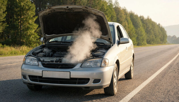 Broken down silver car with open hood and engine steam smoke on country road side. Overheated automobile engine problem emergency.