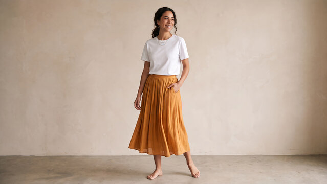Full body portrait of a young woman in fashionable outfit perfect for modern fashion concepts for modern aesthetic designs