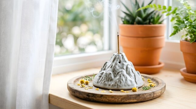 A lovely decorative ceramic mountain sculpture is displayed on a rustic wooden platter close to a sunlit window with vibrant potted plants