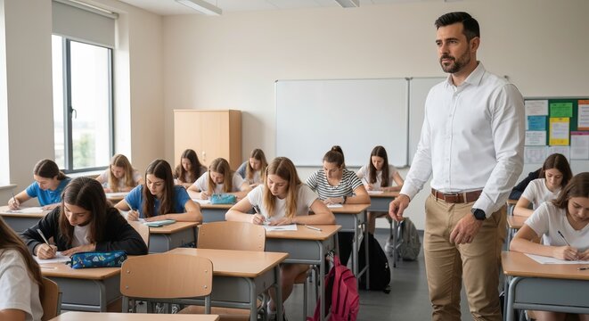 exam supervision, teacher proctoring, classroom exam, school test monitoring, academic integrity
