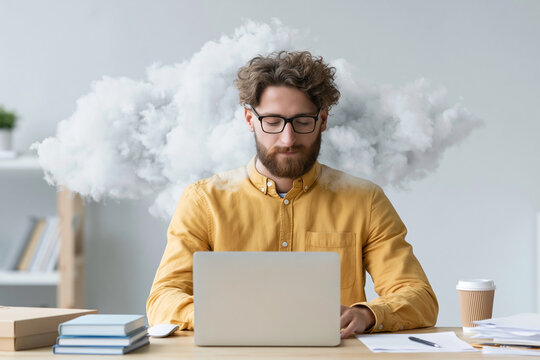 Man with curly hair and glasses sits at desk. Cloud hovers above his head, suggesting stress or thought. Yellow shirt contrasts with neutral background